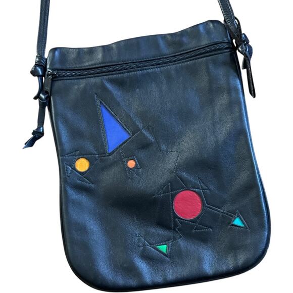 Ilze Heider Artsy Leather Design Crossbody Purse Black Colorful Shapes Eclectic - Picture 3 of 13